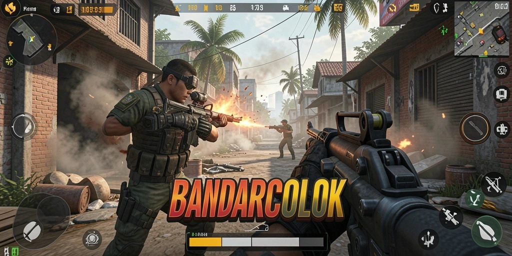 Screenshot utama BANDARCOLOK menampilkan aksi gameplay FPS yang intens.