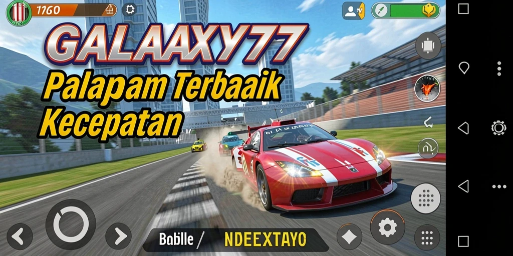 Tampilan gameplay seru dari GALAXY77 dengan mobil balap yang melaju kencang.