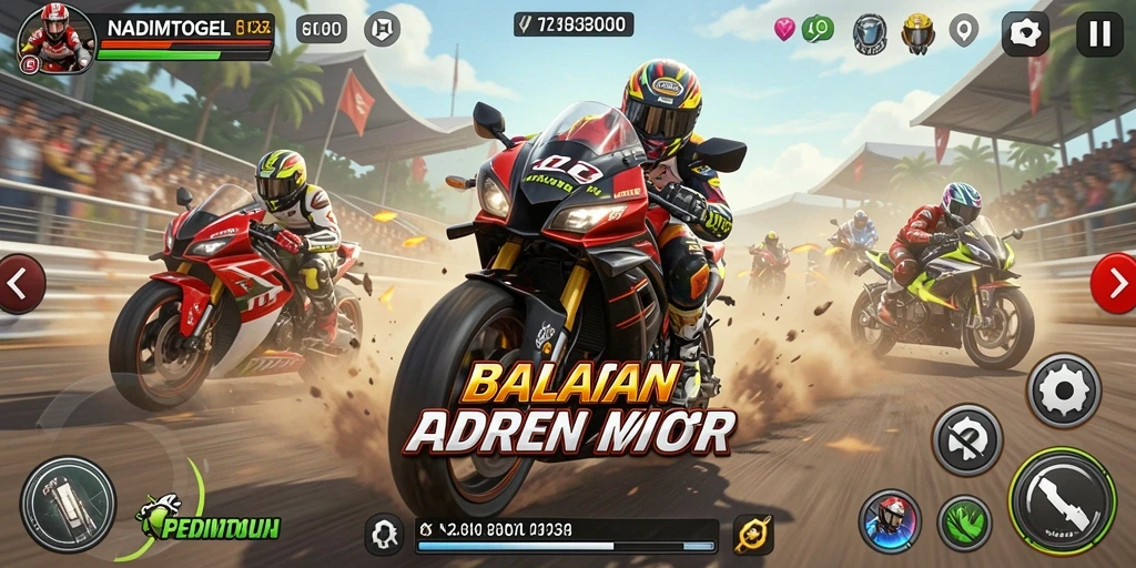 Tampilan gameplay yang mendebarkan dalam NADIMTOGEL saat balapan motor.